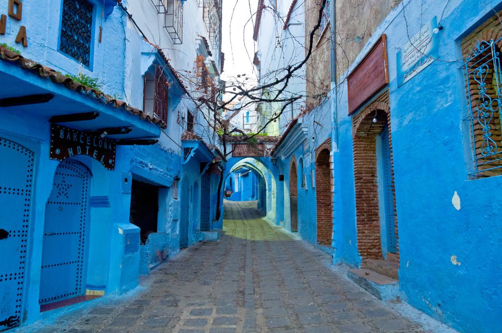 Blue-painted streets and buildings in the medina of Chefchaouen, Morocco