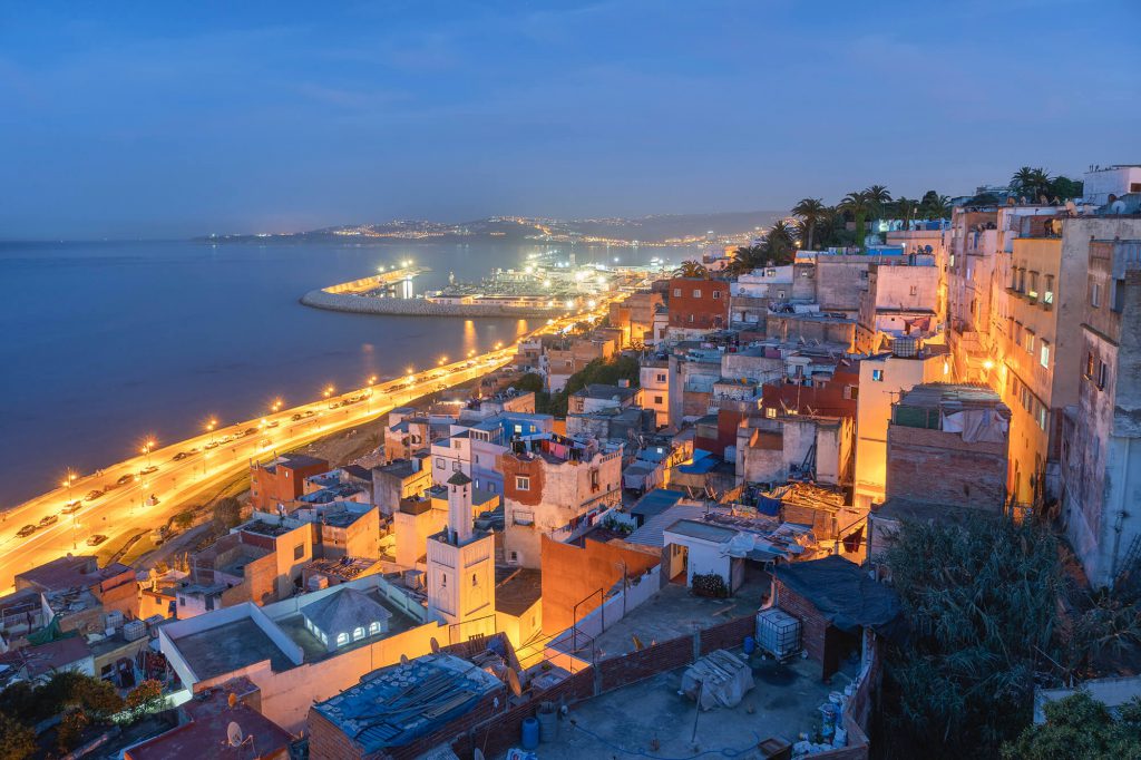 Tangier port city skyline with medina and Mediterranean coastline